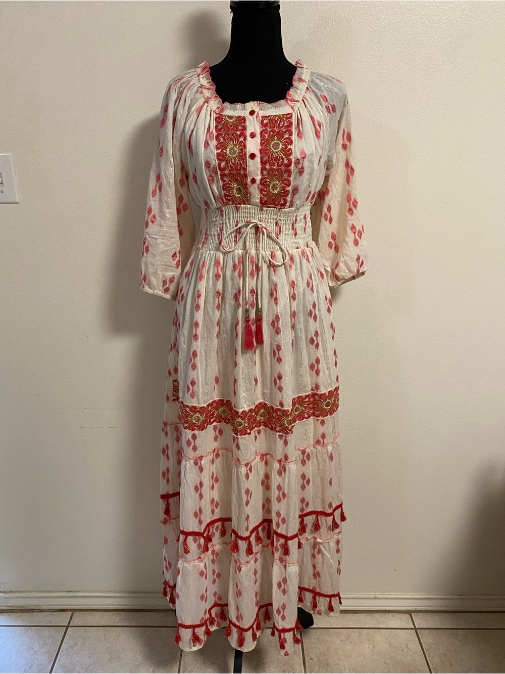 Me 2 Magic Dress Women Size Medium Red White Embroidered Tassel Maxi Dress Boho